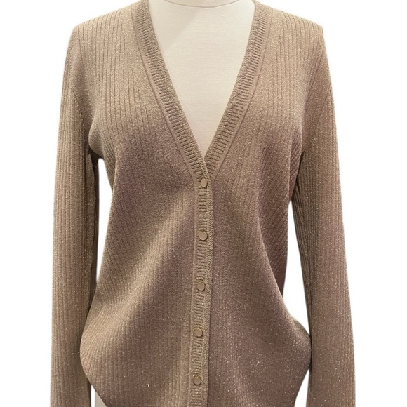Talbots METALLIC RIBBED V-NECK CARDIGAN Size Medium - Picture 2 of 3